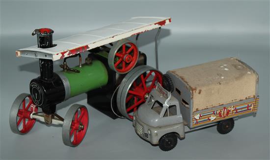 Mamod live steam traction engine and a tin plate truck